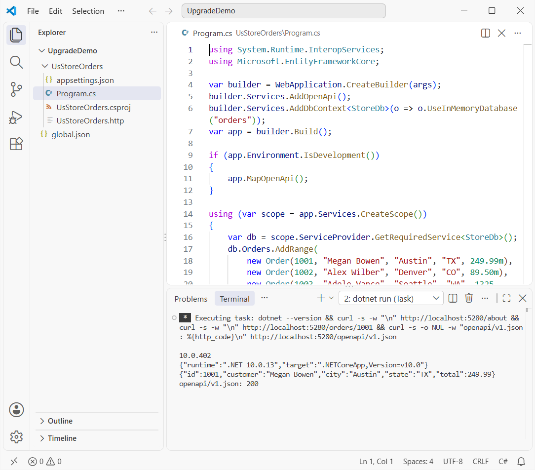 VS Code with the .NET 10 Program.cs using AddOpenApi and MapOpenApi, terminal showing .NET 10.0.13 and .NETCoreApp,Version=v10.0 from the /about endpoint