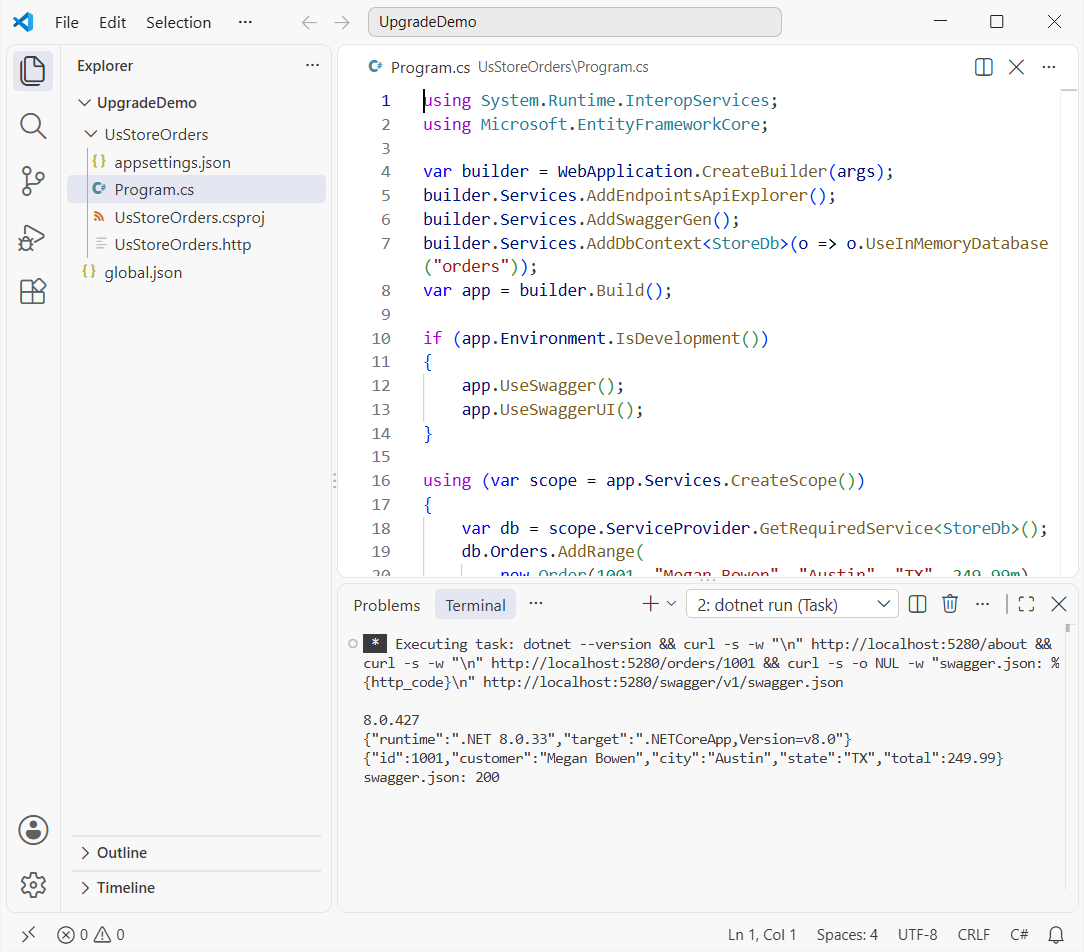 VS Code showing the .NET 8 Program.cs with Swashbuckle and the terminal output .NET 8.0.33 from the /about endpoint