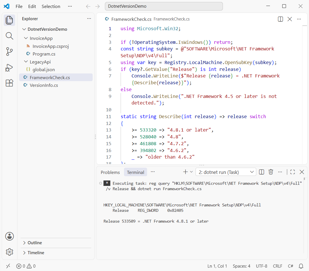 VS Code running FrameworkCheck.cs after reg query: the .NET Framework Release key 533509 maps to .NET Framework 4.8.1 or later