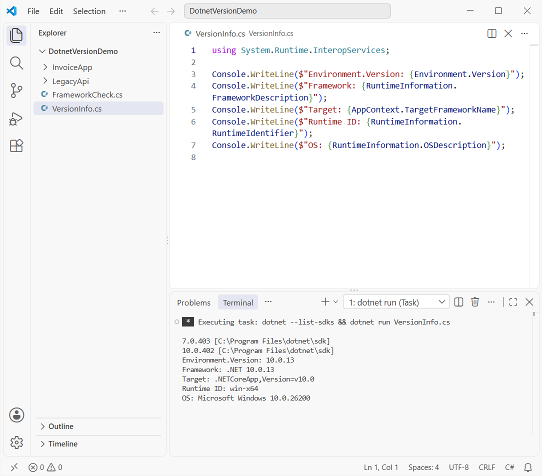 VS Code running VersionInfo.cs after dotnet --list-sdks: Environment.Version 10.0.13 and RuntimeInformation.FrameworkDescription .NET 10.0.13