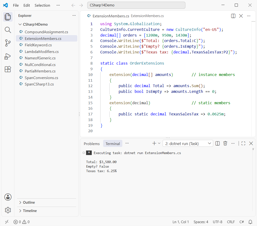 VS Code running ExtensionMembers.cs: C# 14 extension block with extension properties Total and IsEmpty and a static extension property on decimal