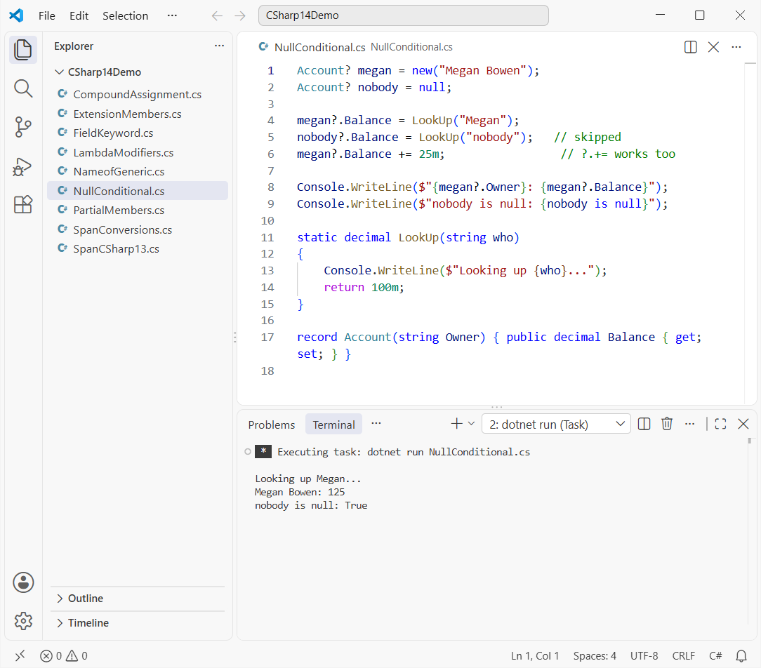 VS Code running NullConditional.cs: C# 14 null-conditional assignment skips LookUp for a null account and adds 25 with ?.+=