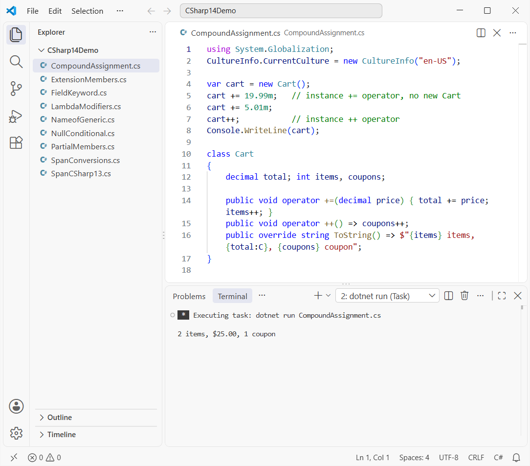 VS Code running CompoundAssignment.cs: a C# 14 user-defined += and ++ instance operator updating a shopping cart in place