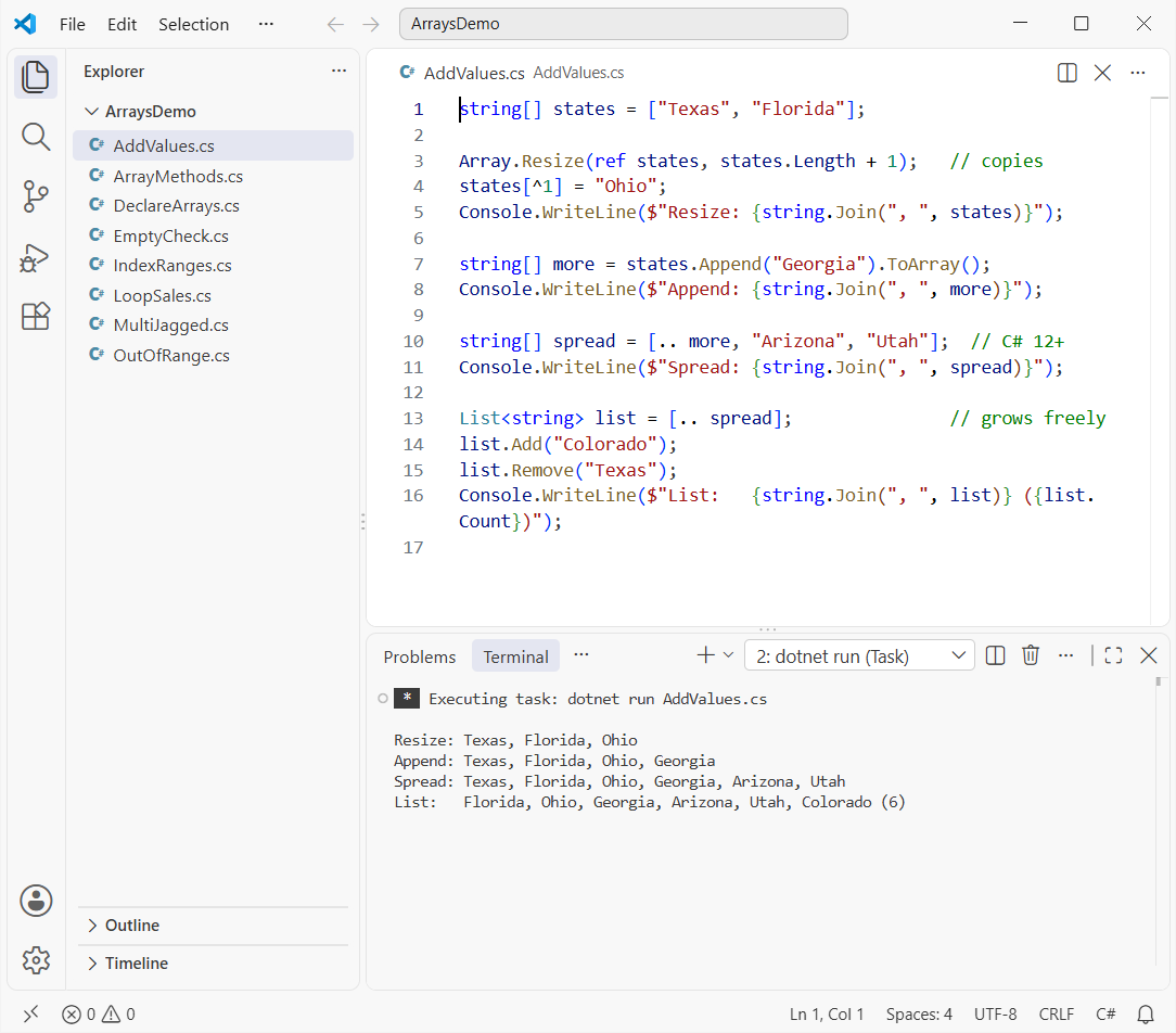 Add values to a C# string array with Array.Resize, Append().ToArray(), collection expression spread and List<string>