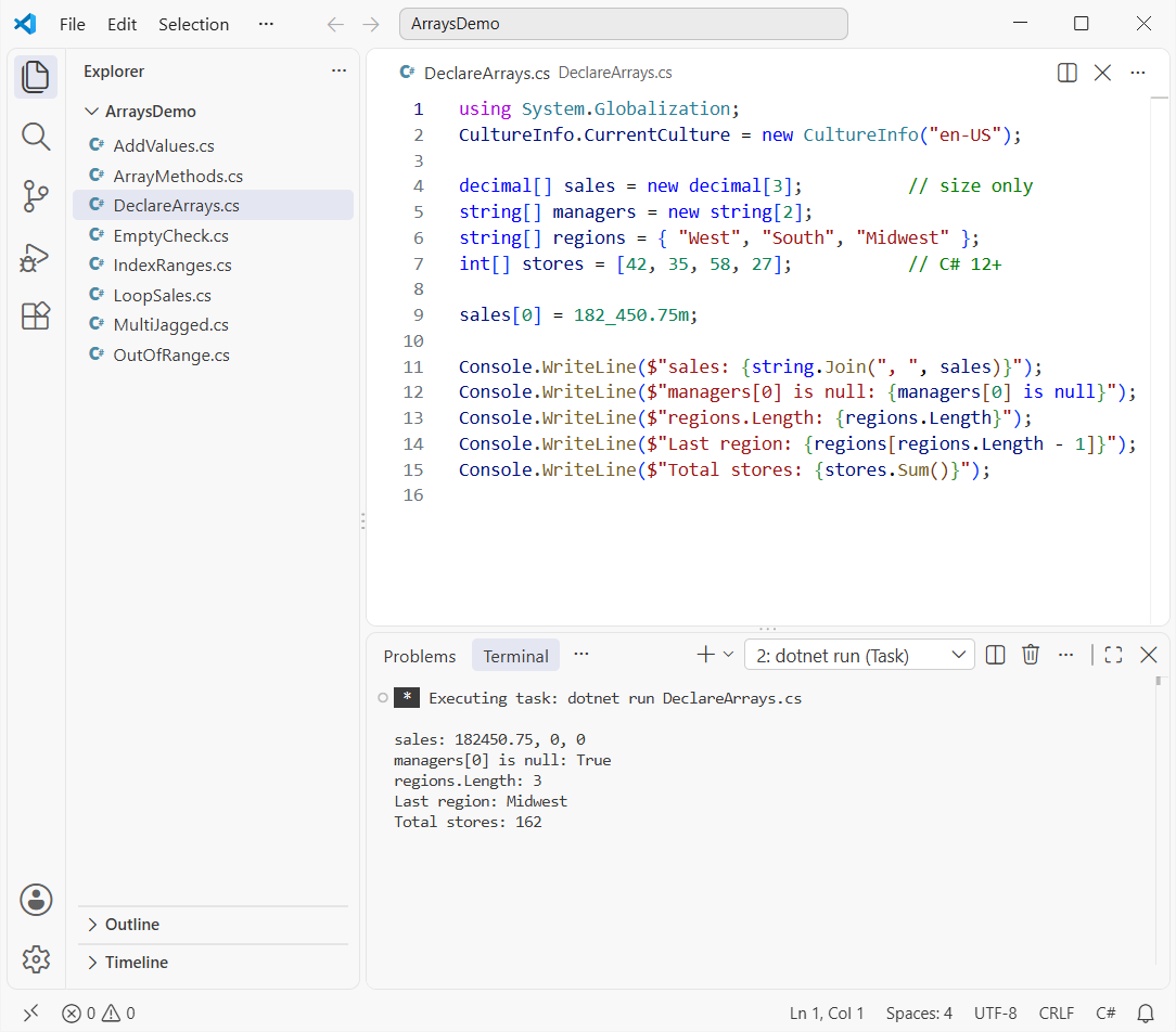 C# array declared with new, an array initializer and a collection expression, shown in VS Code with dotnet run output