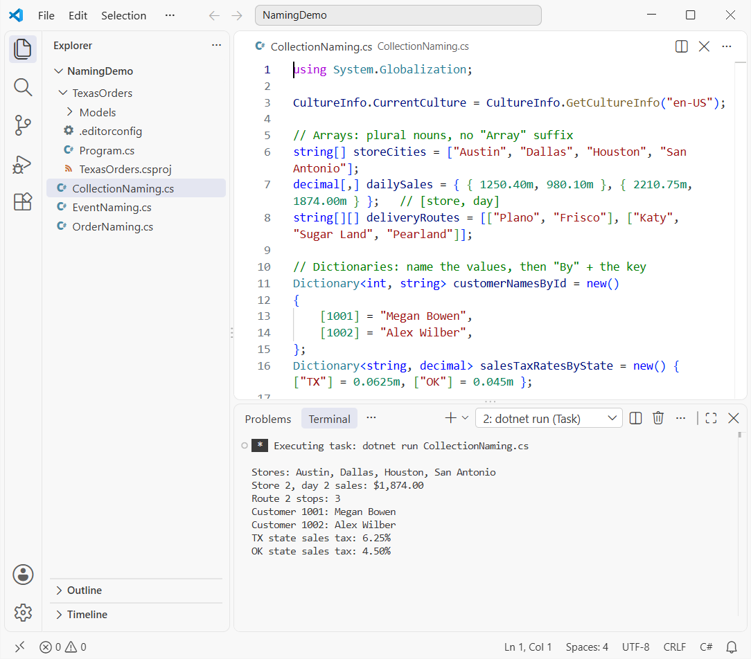 Command Prompt output showing C# array and dictionary naming conventions with plural names