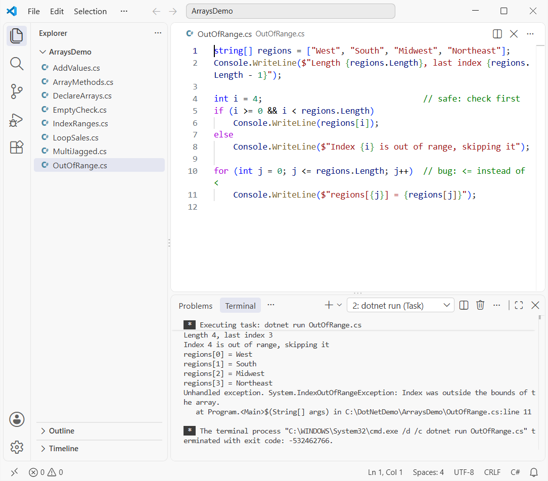 C# array IndexOutOfRangeException unhandled exception in the VS Code terminal caused by an off-by-one for loop