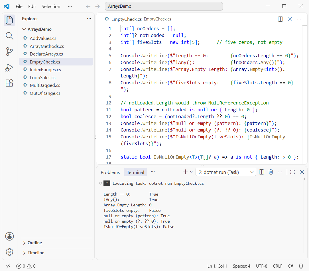Check if a C# array is empty or null using Length, Any(), Array.Empty and the is null or { Length: 0 } pattern