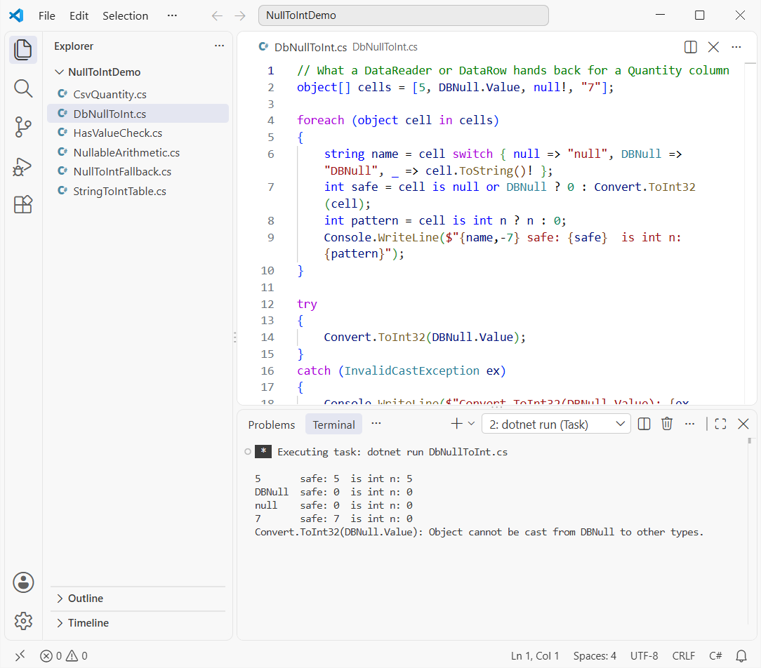 C# convert DBNull.Value to int with is null or DBNull check and Convert.ToInt32 InvalidCastException in VS Code