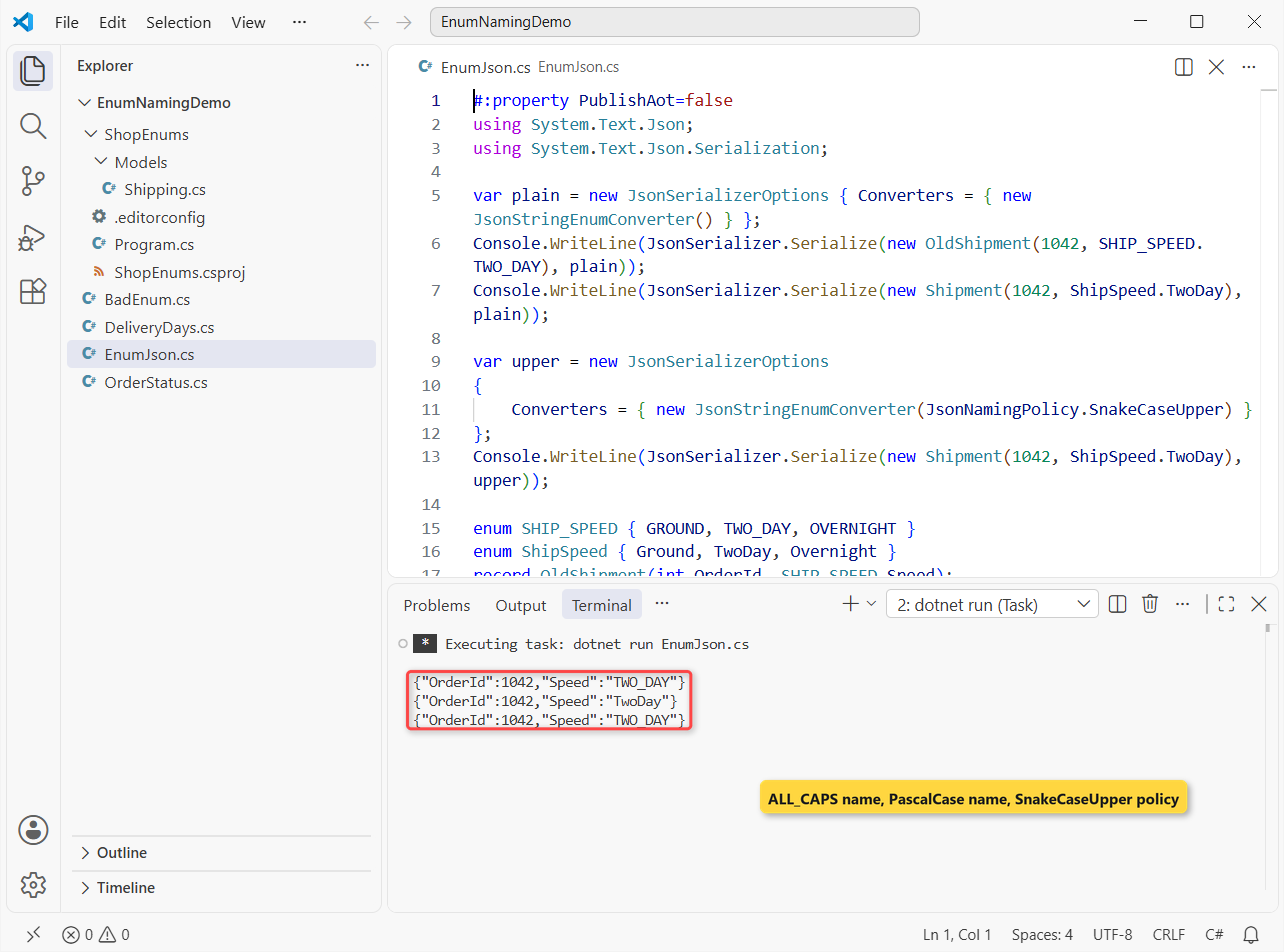 C# enum ALL_CAPS SHIP_SPEED.TWO_DAY vs PascalCase ShipSpeed.TwoDay serialized to JSON with JsonStringEnumConverter and SnakeCaseUpper in VS Code