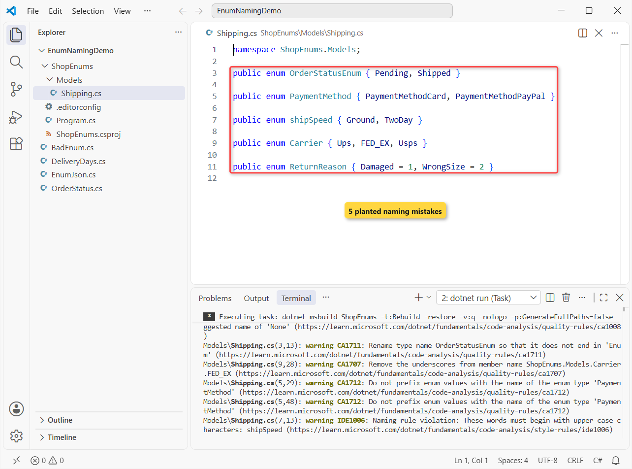 dotnet build output for C# enum naming rules: IDE1006 for shipSpeed, CA1711 Enum suffix, CA1712 type-name prefix, CA1707 underscore and CA1008 zero value
