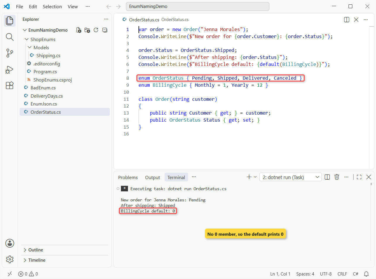 C# enum naming conventions in VS Code: singular PascalCase OrderStatus enum with Pending, Shipped, Delivered and Canceled members and the dotnet run output