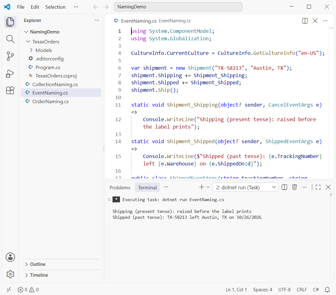 Command Prompt output of a C# event naming conventions example with Shipping and Shipped events