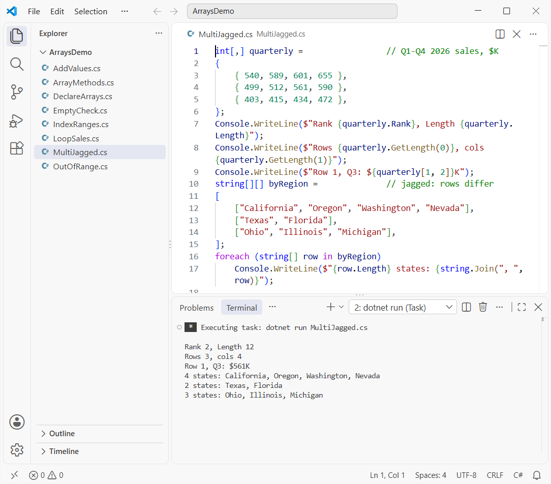 C# multidimensional int[,] array of quarterly sales next to a jagged string[][] array of states by region in VS Code