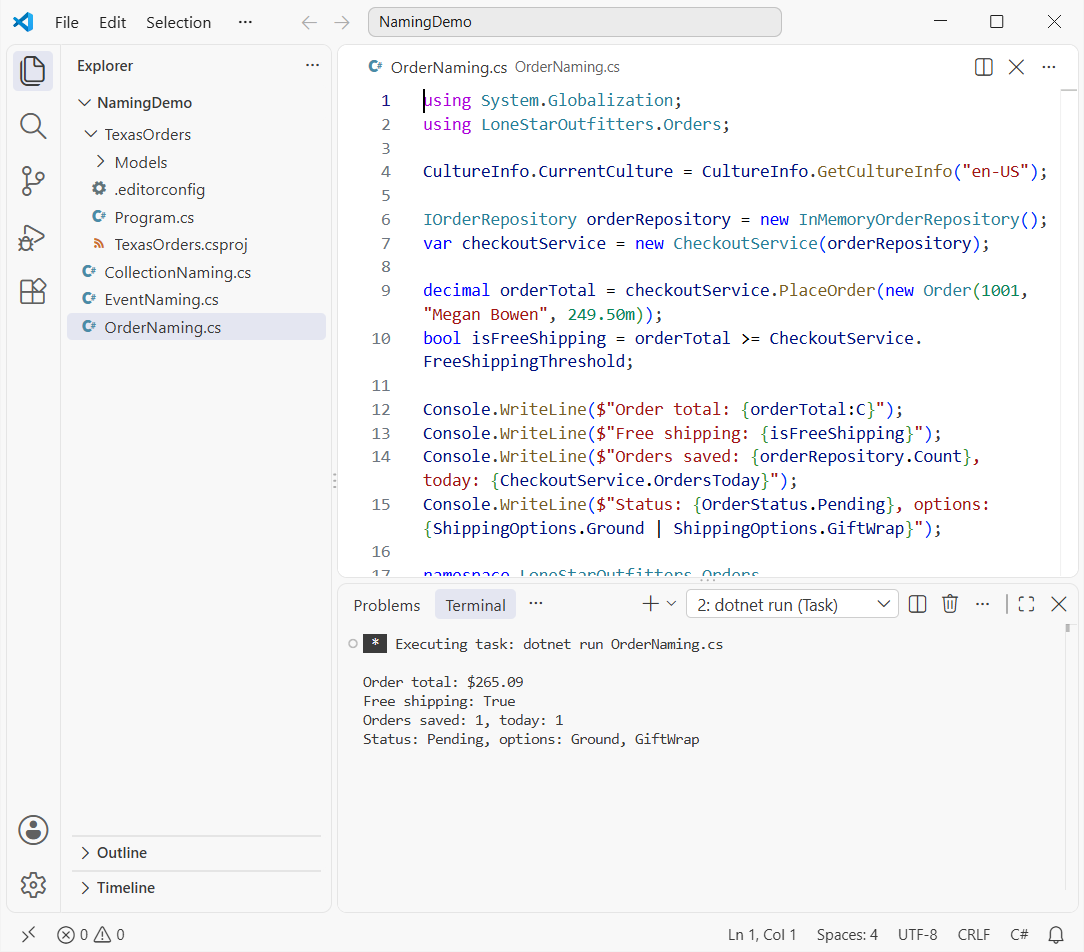 Command Prompt running dotnet run OrderNaming.cs showing a C# program that follows naming conventions