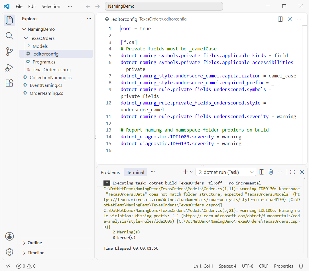 dotnet build output with IDE1006 naming rule violation and IDE0130 namespace warning from .editorconfig