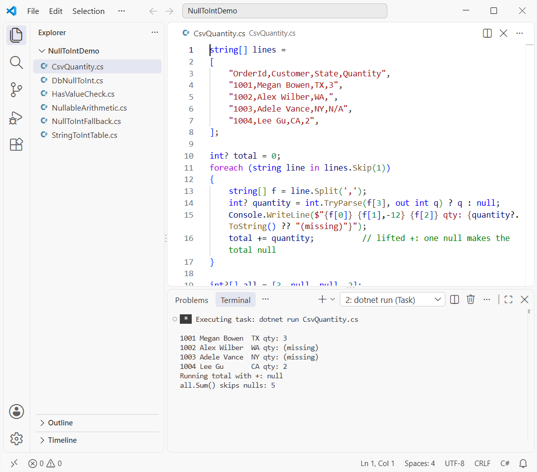C# nullable int order quantity from a CSV import with TryParse, lifted + returning null and Sum() skipping nulls, in VS Code