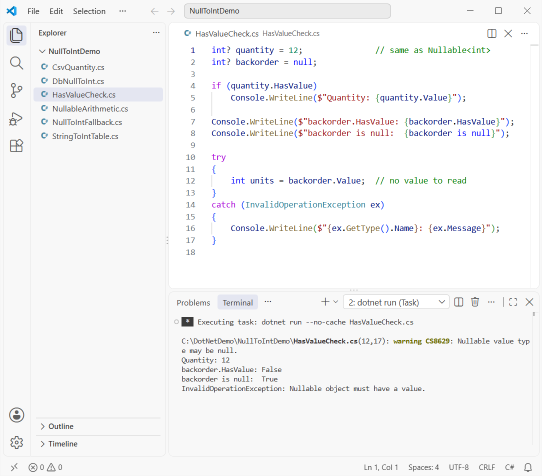 C# nullable int HasValue and Value check in VS Code with InvalidOperationException: Nullable object must have a value