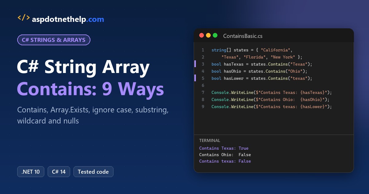 C# string array contains: Contains() code and True/False output