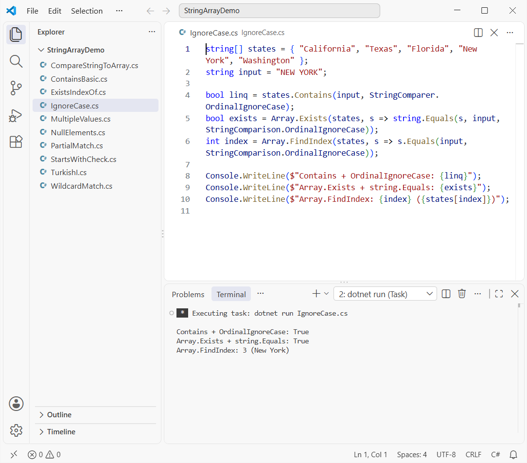 C# string array contains ignore case output using StringComparer.OrdinalIgnoreCase and Array.Exists