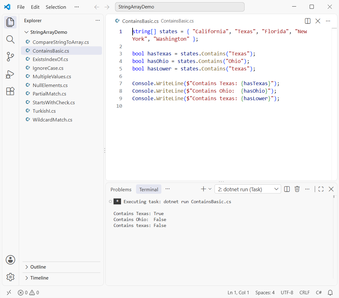 C# string array Contains() output in Command Prompt showing True for Texas and False for Ohio and texas
