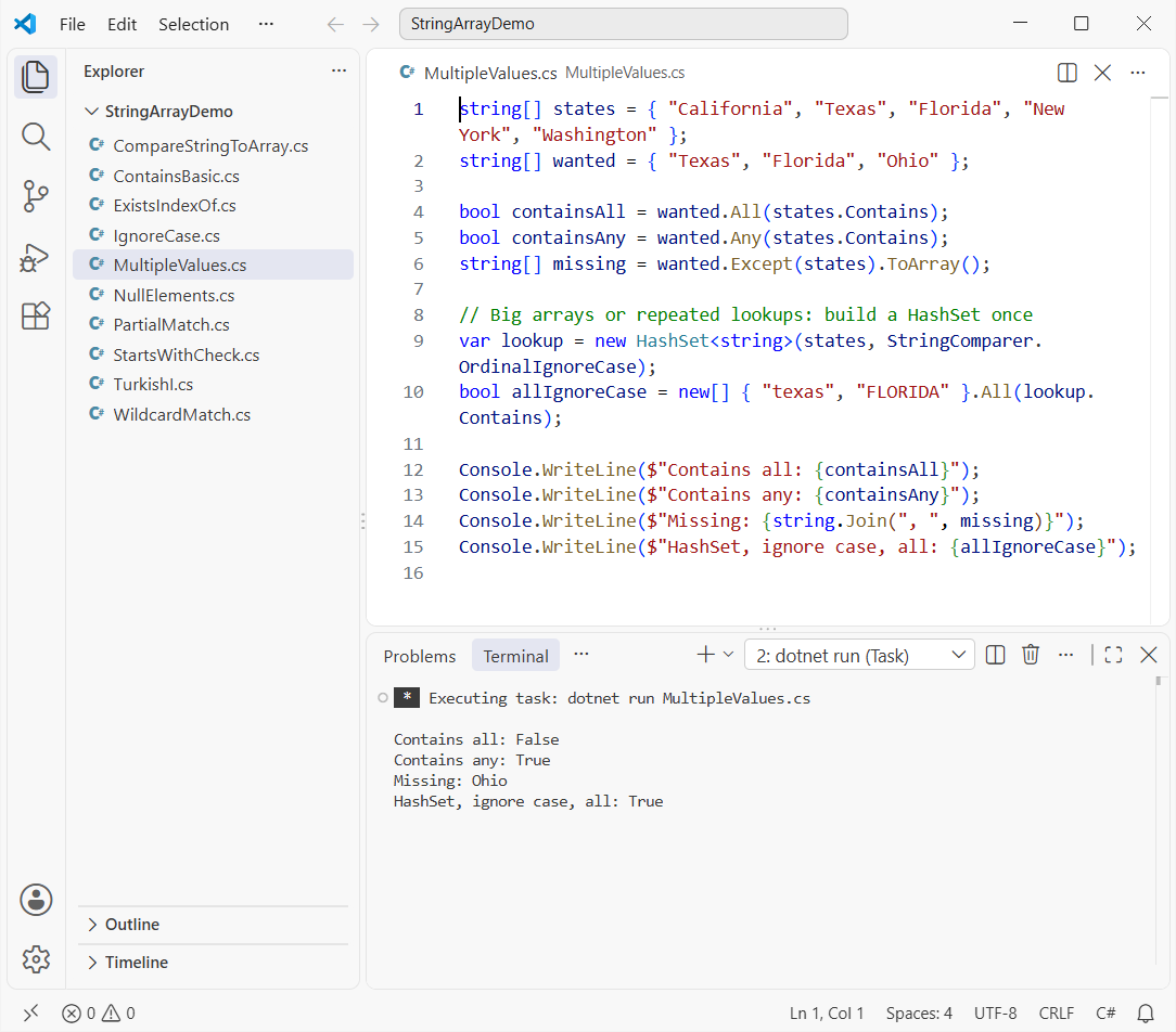 C# string array contains multiple values output comparing All, Any, Except and HashSet