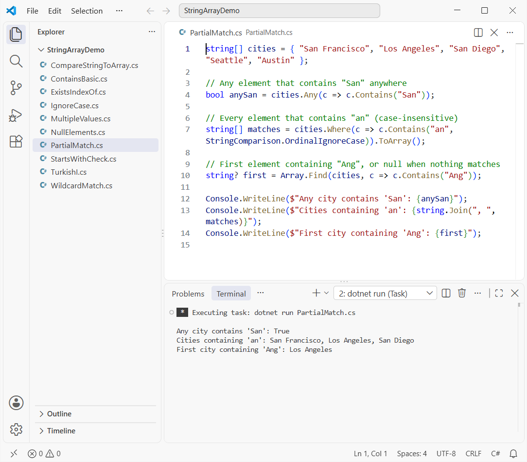 C# string array contains substring output using LINQ Any, Where and Array.Find