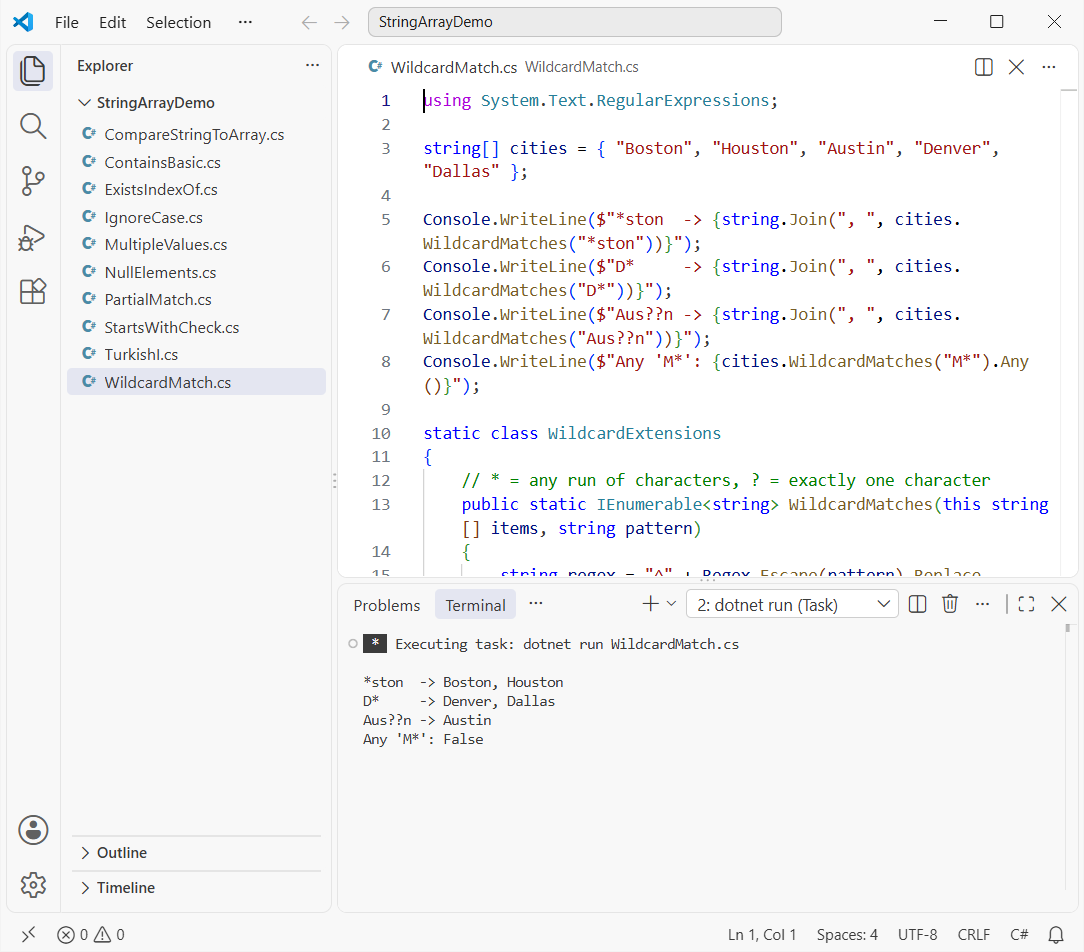 C# string array wildcard match output using a Regex extension method with * and ? patterns