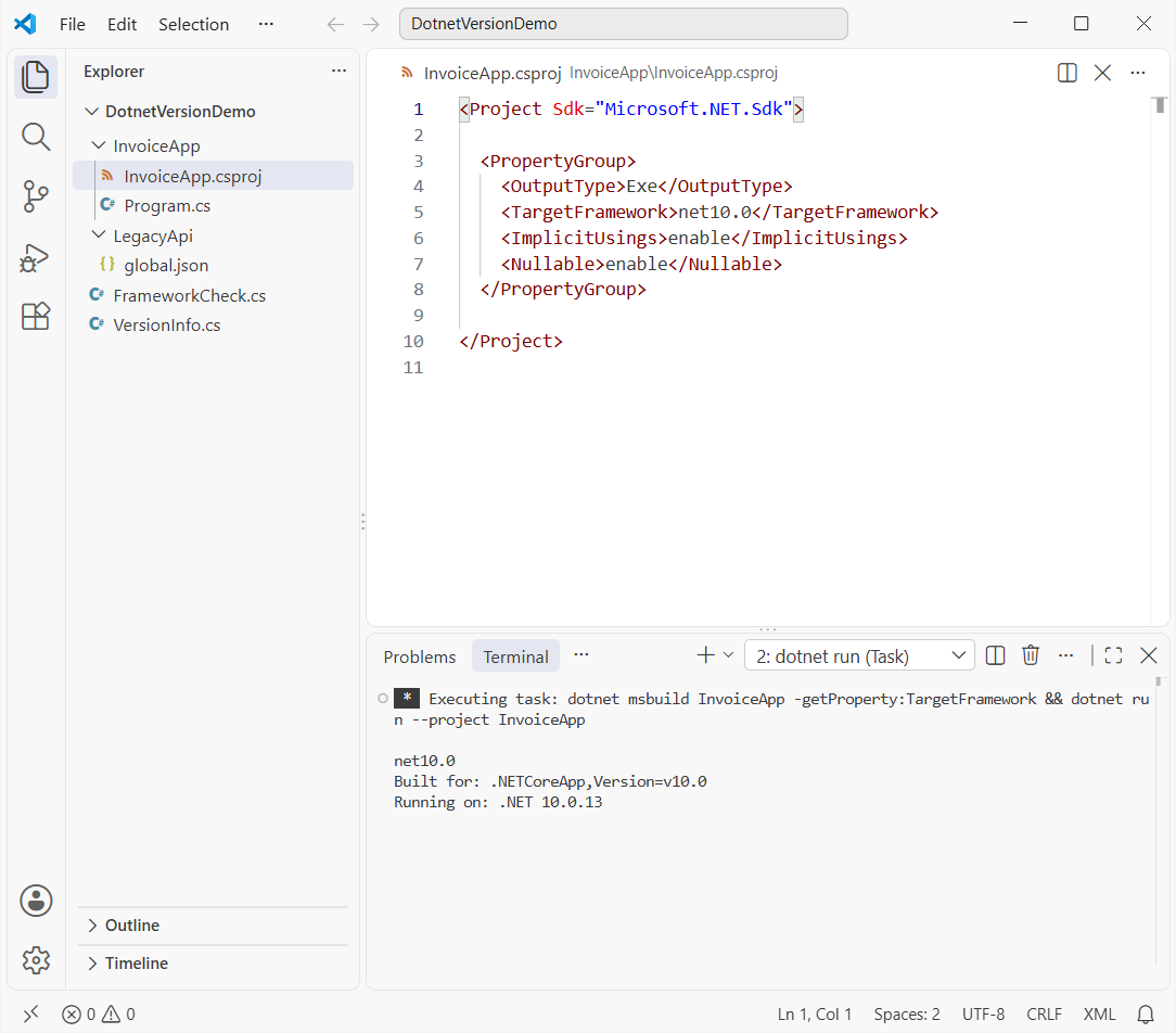 VS Code showing InvoiceApp.csproj with TargetFramework net10.0, dotnet msbuild -getProperty output and the app reporting .NETCoreApp v10.0