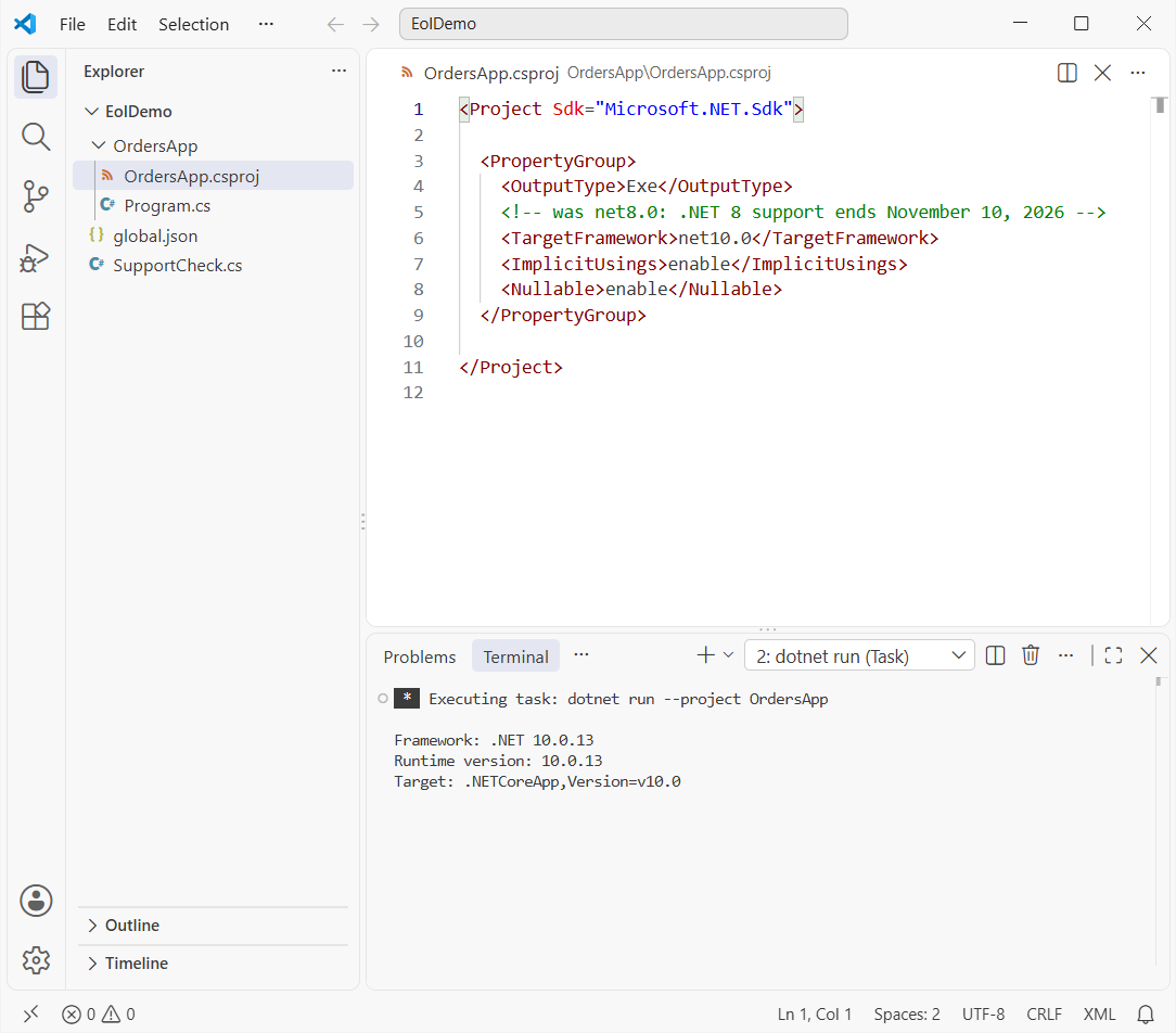 VS Code showing OrdersApp.csproj with TargetFramework net10.0 and dotnet run output reporting .NETCoreApp v10.0