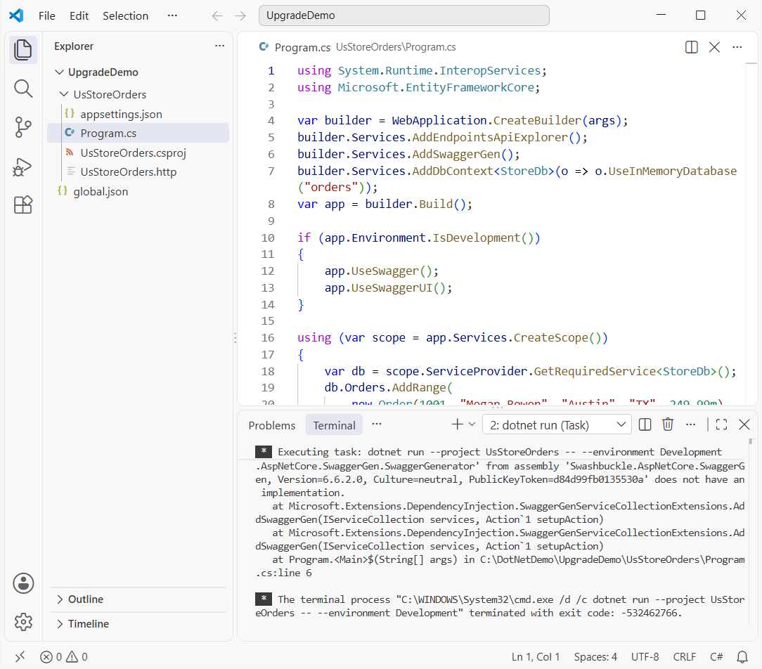 VS Code terminal showing ASPDEPR002 WithOpenApi warnings and a System.TypeLoadException from Swashbuckle 6.6.2 after updating Microsoft.AspNetCore.OpenApi to 10.0
