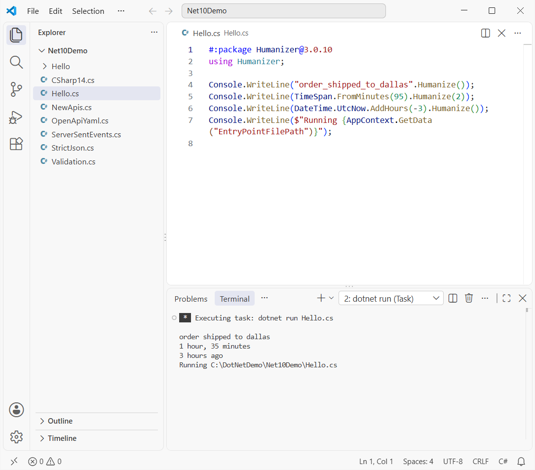 VS Code running dotnet run Hello.cs, a .NET 10 file-based app that uses the #:package directive to load Humanizer