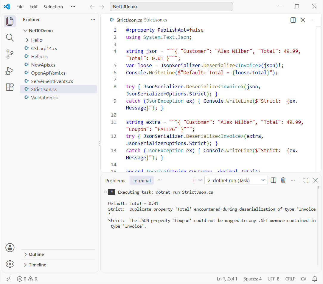 VS Code running StrictJson.cs on .NET 10: default options keep the last duplicate Total while JsonSerializerOptions.Strict throws JsonException