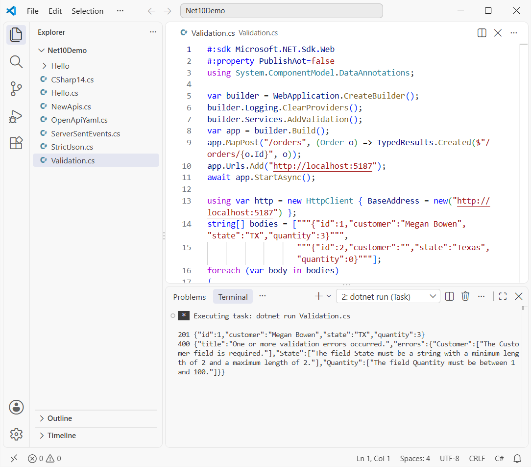 VS Code running a .NET 10 Minimal API with AddValidation: a 201 Created response and a 400 response listing validation errors