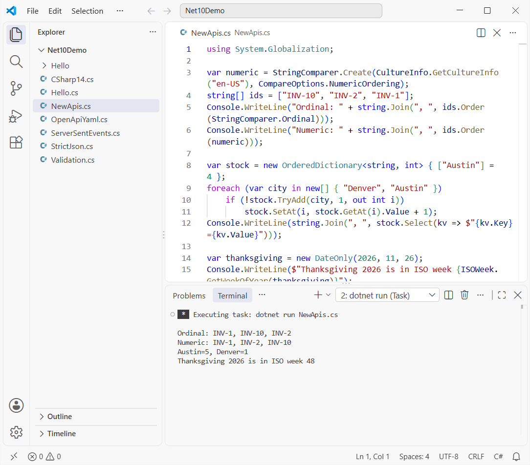 VS Code running NewApis.cs on .NET 10: CompareOptions.NumericOrdering sorts INV-2 before INV-10, OrderedDictionary TryAdd with index and ISOWeek with DateOnly