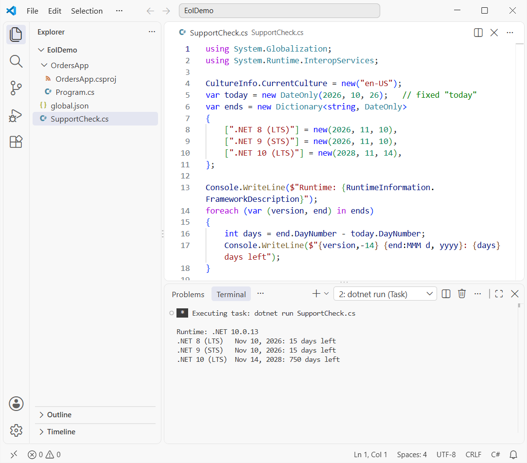 VS Code running SupportCheck.cs: a C# program printing days left until .NET 8 and .NET 9 end of support on November 10, 2026