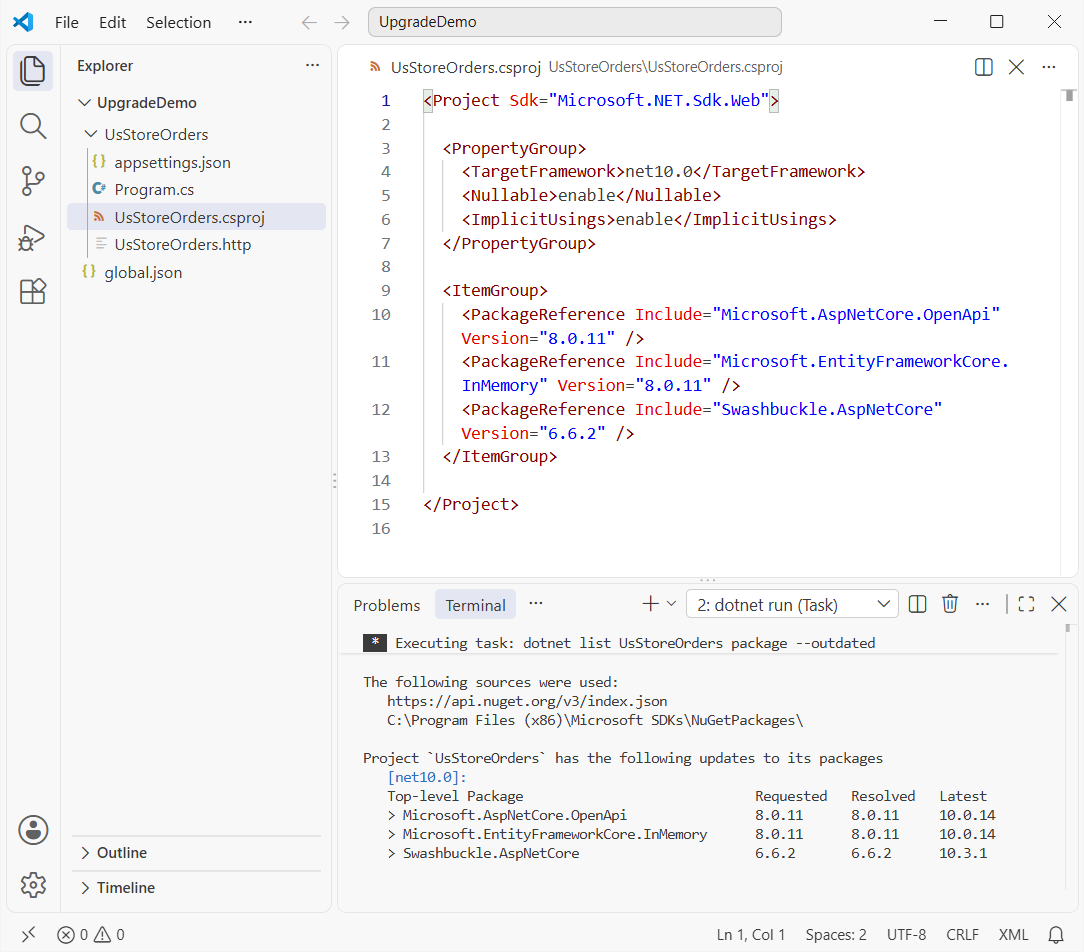 VS Code with UsStoreOrders.csproj open and dotnet list package --outdated showing the 10.0 versions of Microsoft.AspNetCore.OpenApi and EF Core InMemory