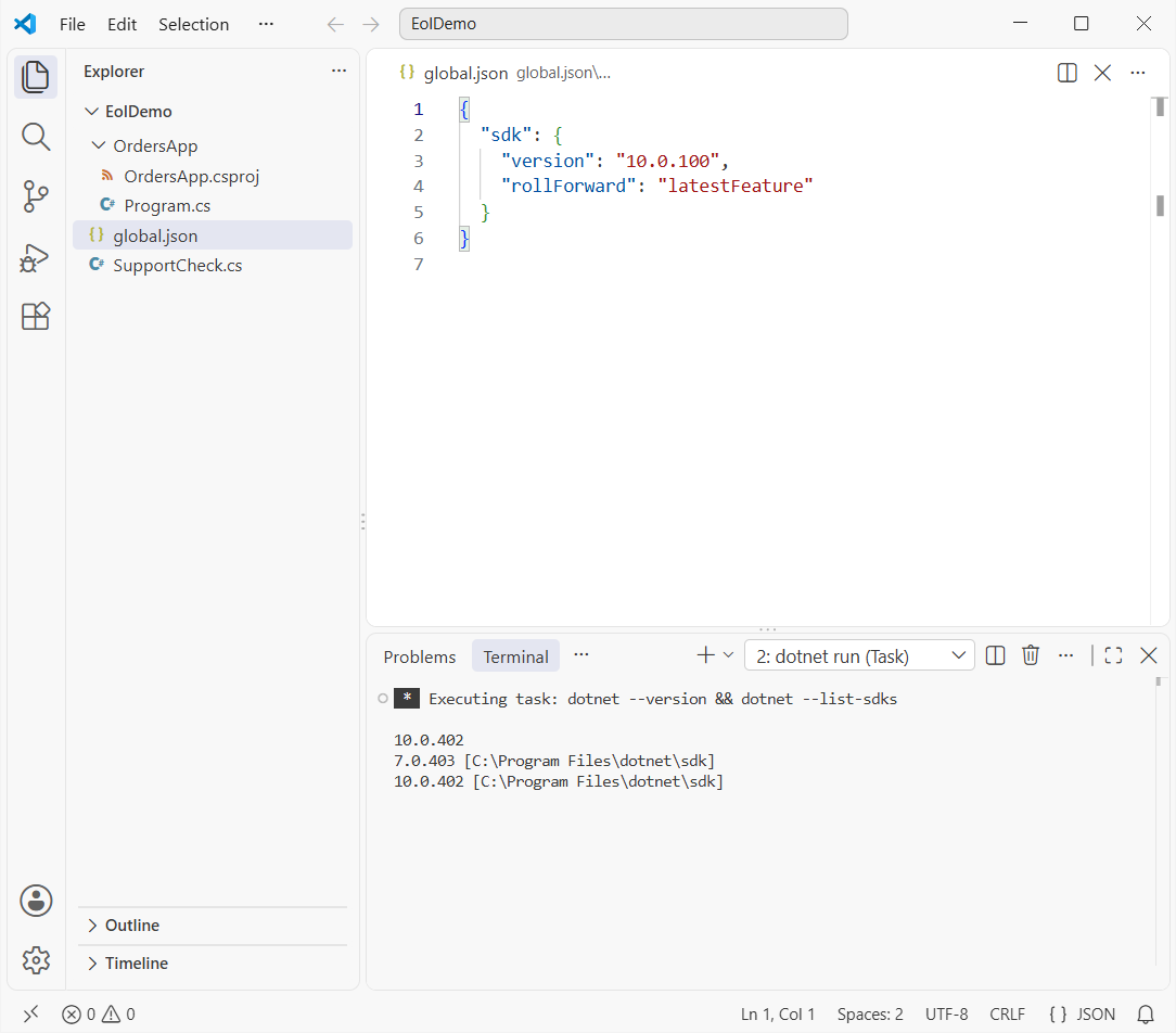 VS Code showing global.json pinning the .NET 10 SDK with rollForward latestFeature, and dotnet --version and dotnet --list-sdks output