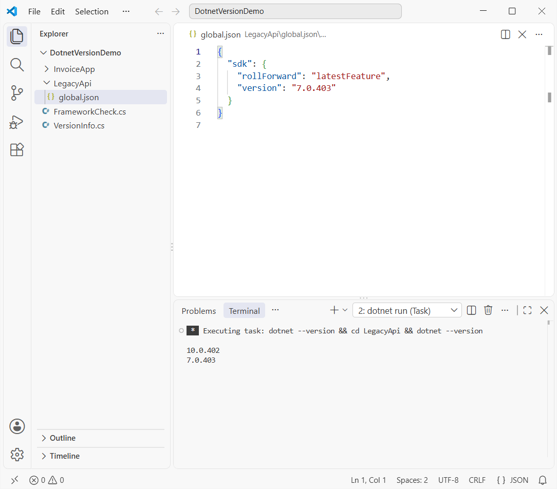 VS Code showing a global.json that pins SDK 7.0.403, with dotnet --version printing 10.0.402 in the parent folder and 7.0.403 inside LegacyApi