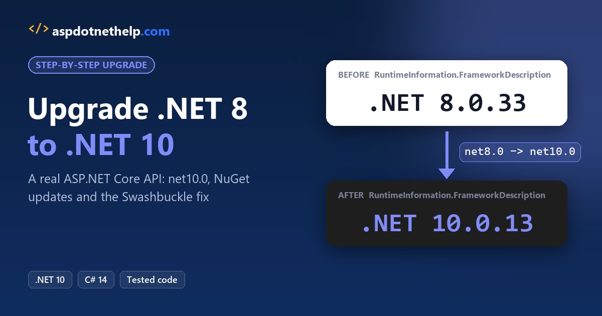 Upgrade .NET 8 to .NET 10: FrameworkDescription changes from .NET 8.0.33 to .NET 10.0.13 after changing net8.0 to net10.0
