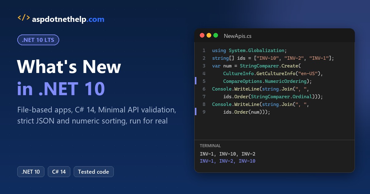 What's new in .NET 10: CompareOptions.NumericOrdering sorts INV-1, INV-2, INV-10 in a real .NET 10 run
